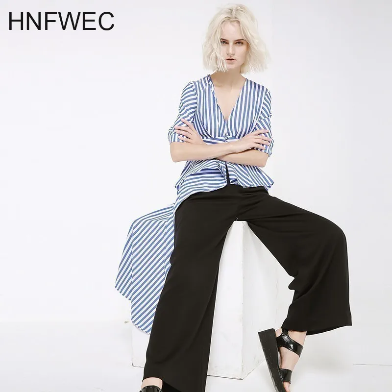 

2019 New Spring Winter V-collar Short Sleeve Irregular Hem Dovetail Blue Striped Loose Dress Women Fashion Tide Q648