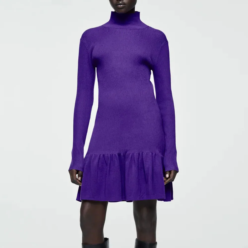 

DiYiG WOMAN 2021 New Fashion Slim Half High Neck Knit Dress Casual Retro Long Sleeve Tight Ruffle Short Skirt Chic