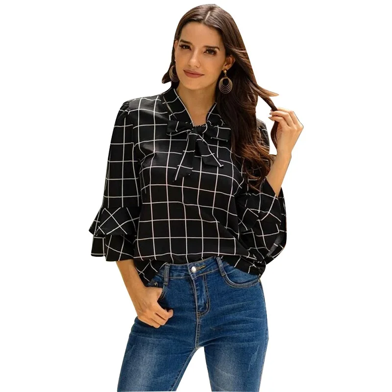 Осенняя клетчатая рубашка WHZHM с бантом свободные блузки черная Повседневная