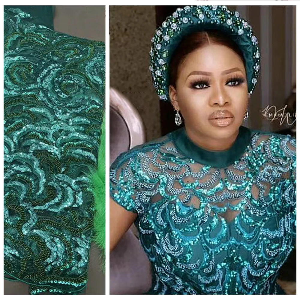 

HFX African Lace Fabric 2020 High Quality beaded Lace, Embroidery green Handmade Beads Lace Fabric for wedding dress H4209