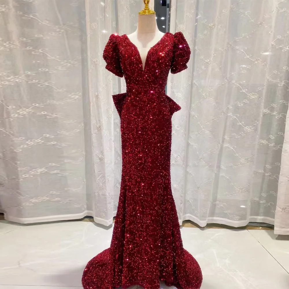

Sparkle Sequins Mermaid Evening Dresses Long Luxury 2021 Gorgeous V-Neck Bow Eleglant Prom Gowns Custom Sexy Vestidos de fiesta