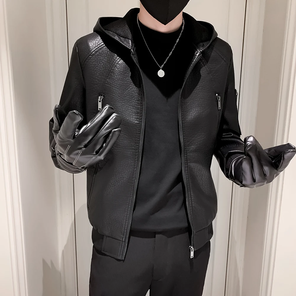 Мужская мотоциклетная кожаная куртка с капюшоном модная мужская байкерская из