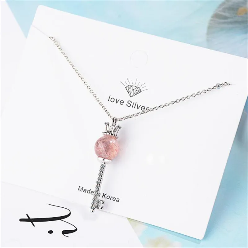 Romantic Crown New Fashion Exquisite 925 Sterling Silver Jewelry Pink Peach Key Strawberry Crystal Pendant Necklaces H396 | Украшения и