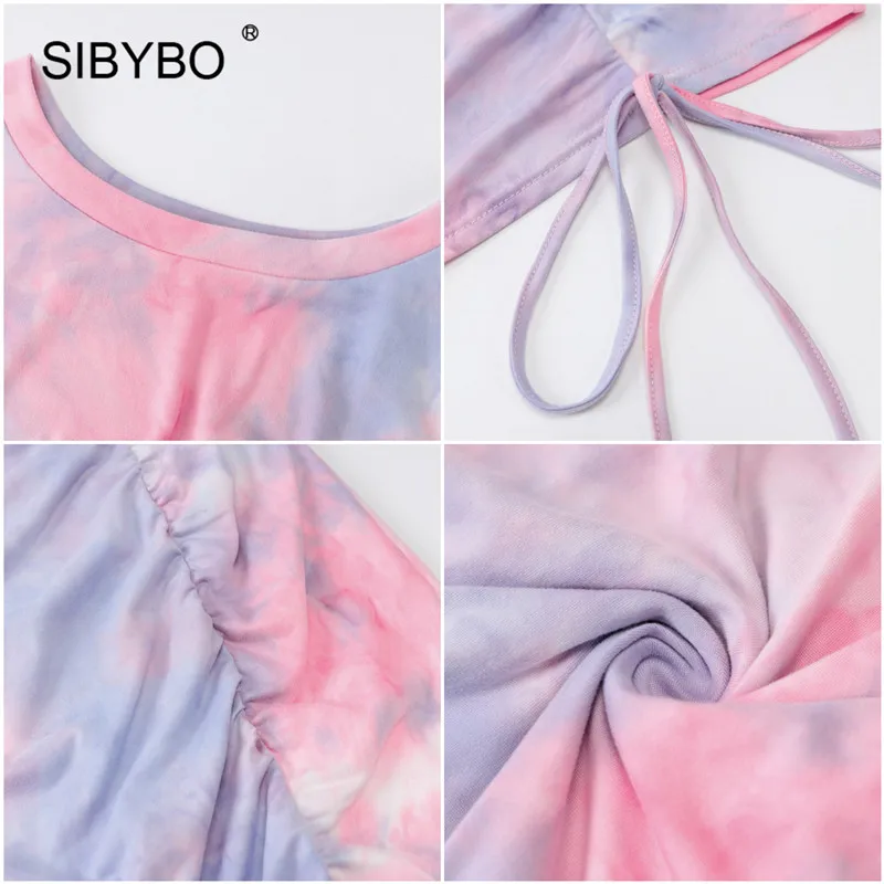 Женское Обтягивающее Платье с принтом SIBYBO коротким рукавом и рюшами на завязках