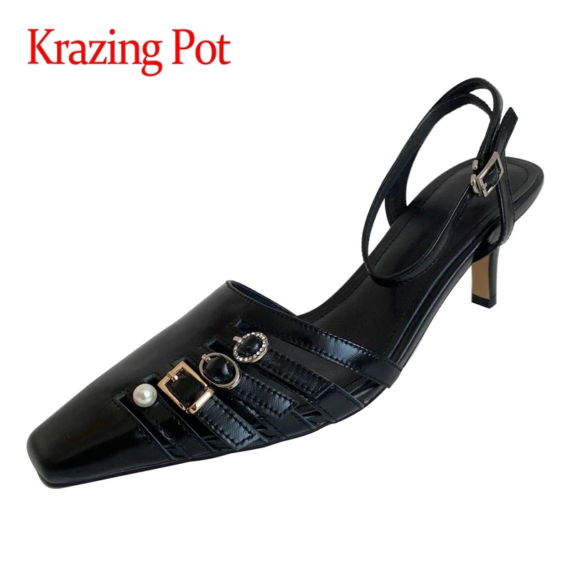 

Krazing pot genuine leather square toe high heel metal fasteners office lady vintage solid buckle straps mules sandals women L42