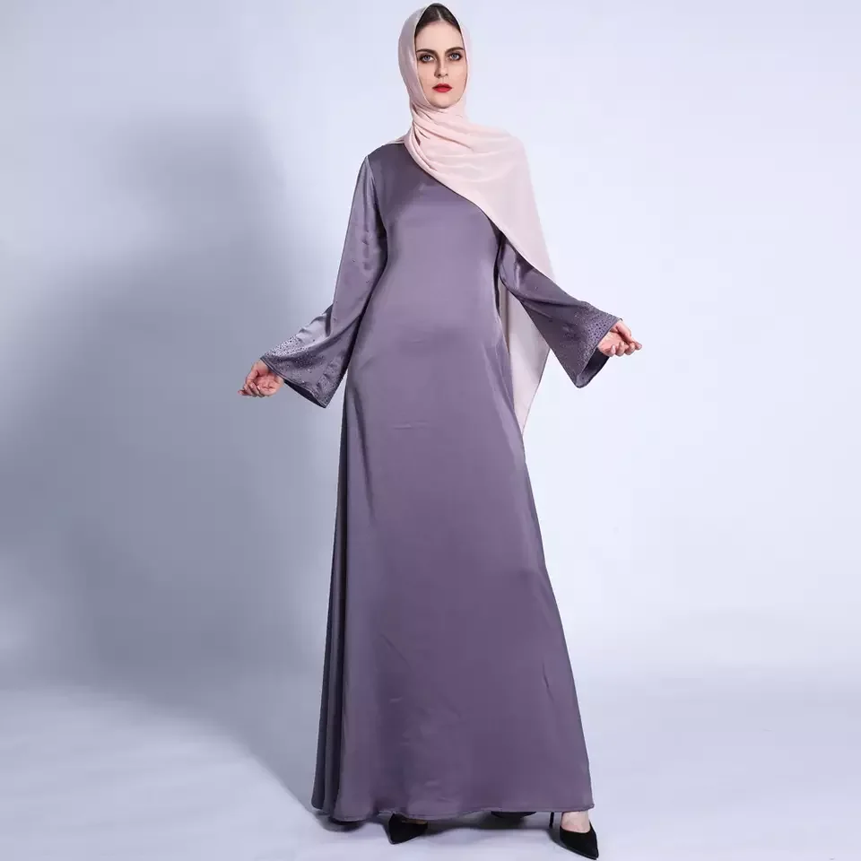 

Ramadan Eid 2021 Women Summer Abaya Dress Diamonds Maxi Loose Satin Long Sleeve A-line Muslim Dubai Arab Plain Gown Party Kaftan