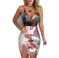 european and american fashion summer 2021 peacock feather print sling split hip dress mid length dress boho dress woman