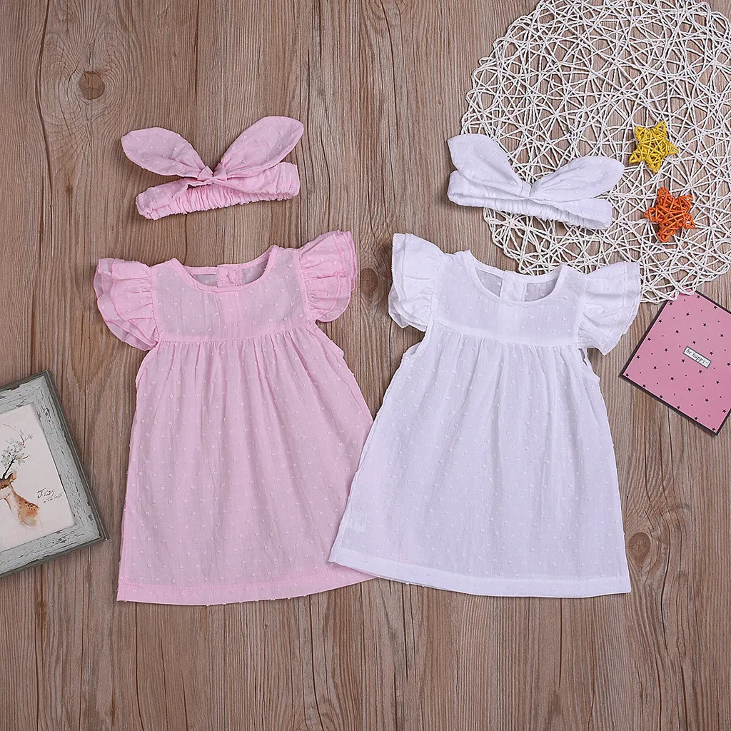 Girls Summer Outfits Toddler Kids Baby Sleeveless Solid Frill Princess Dress + Headband Outfit Vetement Fille For 6M-2Y | Детская одежда