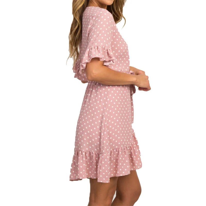 

Fashion Boho Summer Women Dress Polka Dot Printed V-Neck Short Sleeve Mini Beach Dresses Vestidos Mujer