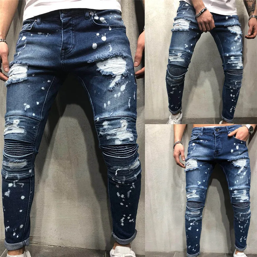 Мужские брюки для улицы мужские осенние джинсовые хлопковые Прямые рваные с