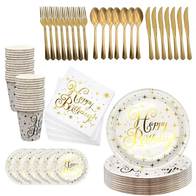 

High Quality Hot Stamping White Disposable Tableware Rose Gold Plate/Napkin/Cup/Straw Adult Happy Birthday Party Deco Kids