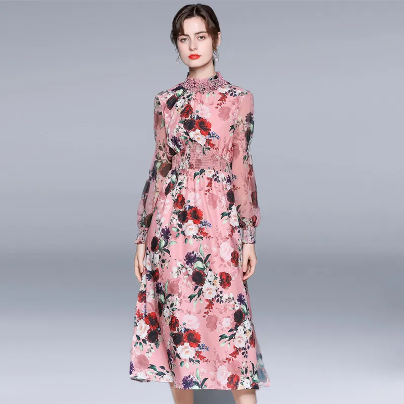 

Женское модельное платье в стиле бохо, длинное праздничное шифоновое платье с цветочным принтом, бусинами, воротником-стойкой и эластичной ...