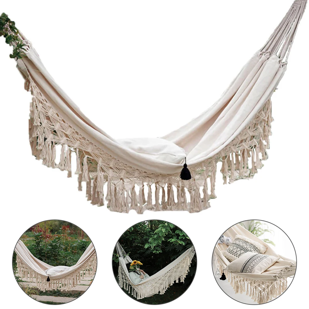 

Large 2 Person Hammock Boho Style Brazilian Macrame Fringed Deluxe Double Hammock Net Swing Chair Indoor Hanging Swing