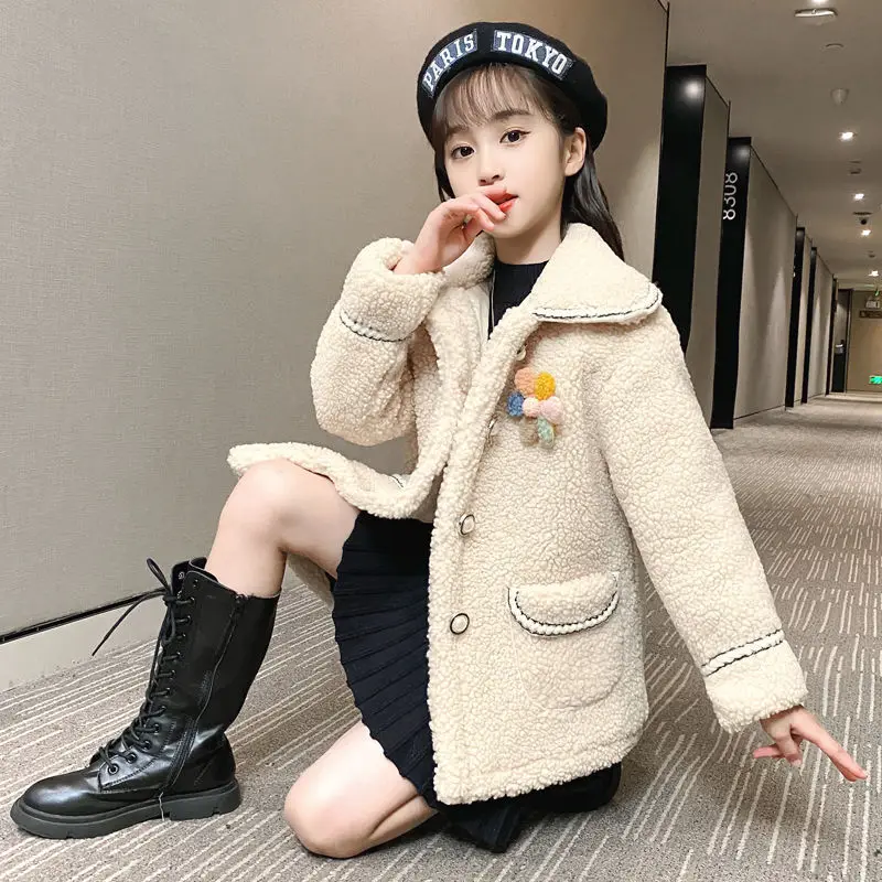 

2021 Kids Girls Autumn Winter Thicken Warm Turn Down Collar Coats Children's Clothing Long Sleeve Single Breasted Outwears C213
