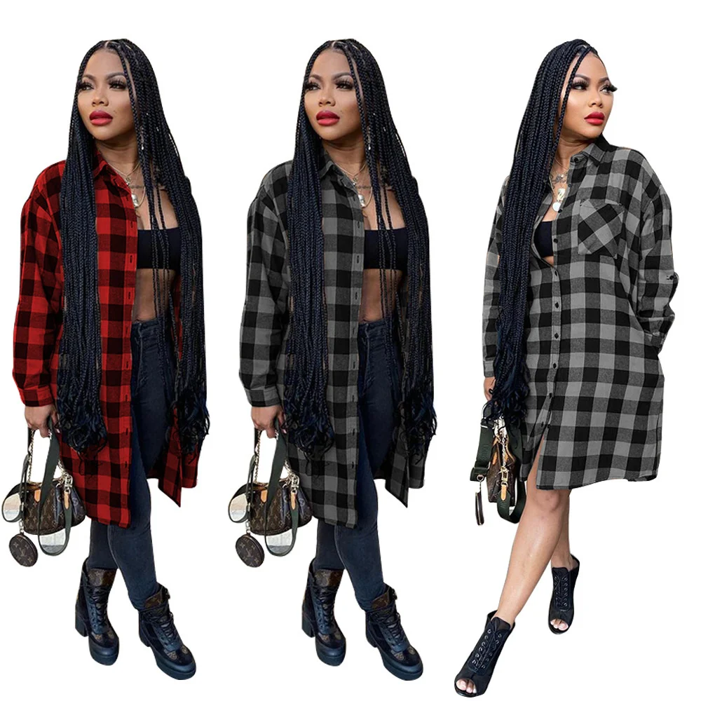 

Women's Long Sleeved Plaid Shirt Jacket Lapel Long Coat
