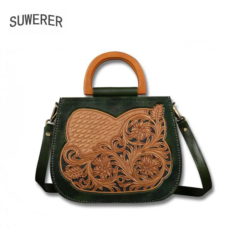 

SUWERER 2020 New Real Cowhide Hand carved bag women Genuine Leather handbags fashion Luxury handbag women famous brand leather