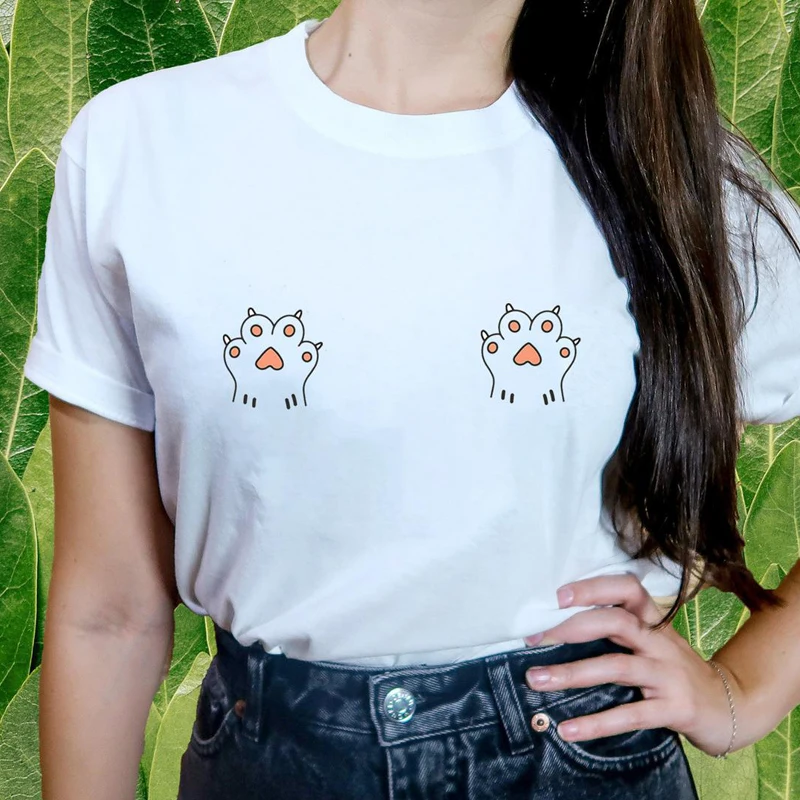 Футболка с цветными лапками груди 100% хлопок футболка забавным котом подарок для