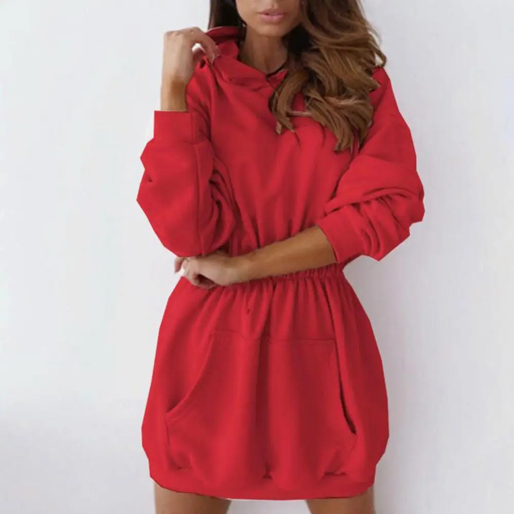 

Women Casual Winter Solid Color Pullover Dress Long Sleeve Hoodie Sweatshirt