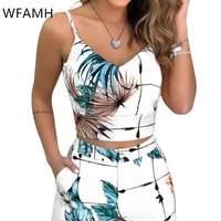 2021 summer new products fashion casual womens printed v neck sling top straight short two piece suit cotton polyester pullover