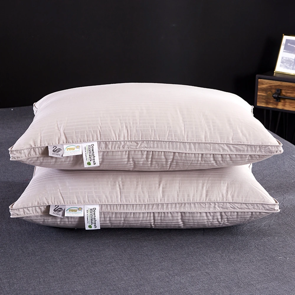 

48*74cm Luxury 3D Style Bread Goose Down and Feather Adult Orthopedic Neck Pillow With 100% Cotton Satin Stripes Cover