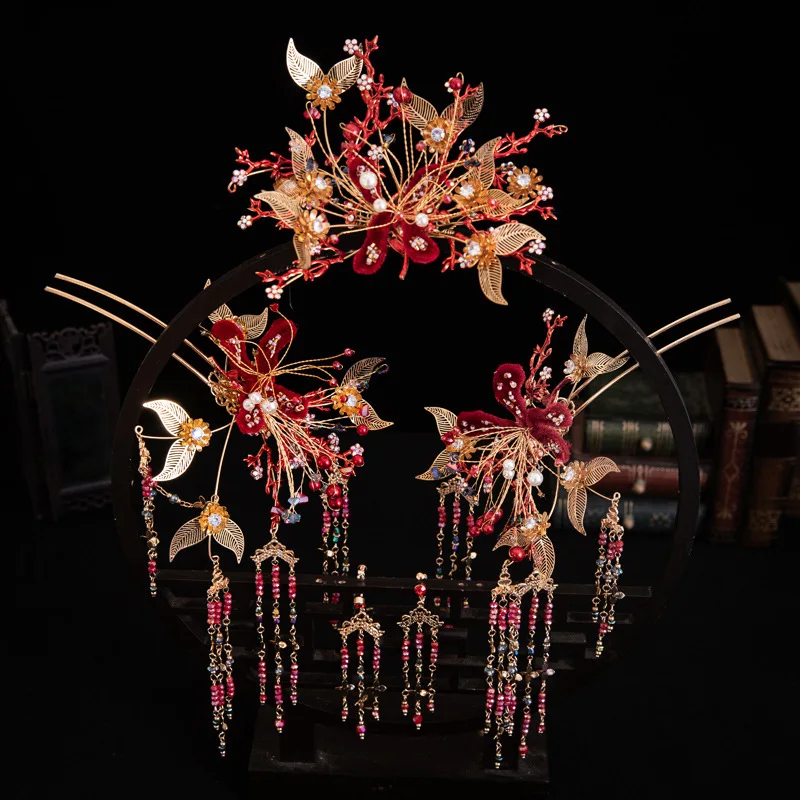 

Кимоно с драконом и Фениксом для невесты, элегантная тиара в старинном китайском стиле, классический свадебный аксессуар для волос с кисточ...