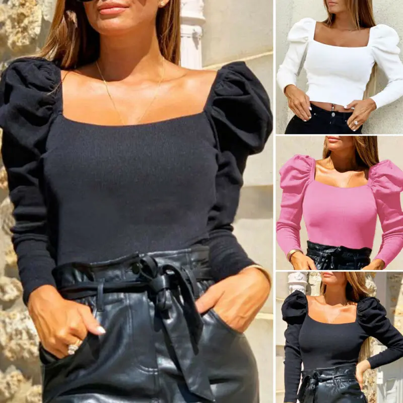 2020 Vintage Women Sexy Crop Tops Autumn Winter Clothes Puff Sleeve Ruffle T-Shirts Elegant Ladies Casual Tees Streetwear | Женская