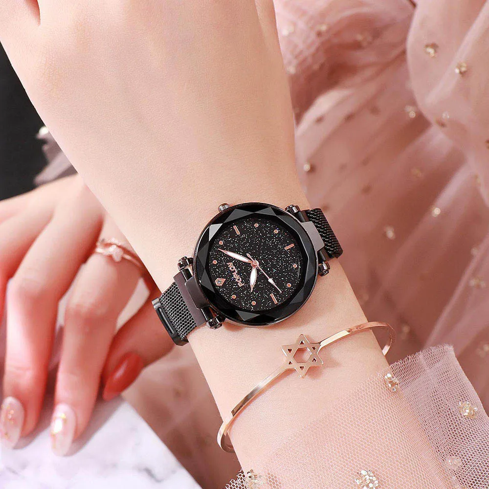 Звездное небо женские кварцевые часы 2019 светящаяся огранка камня цветок