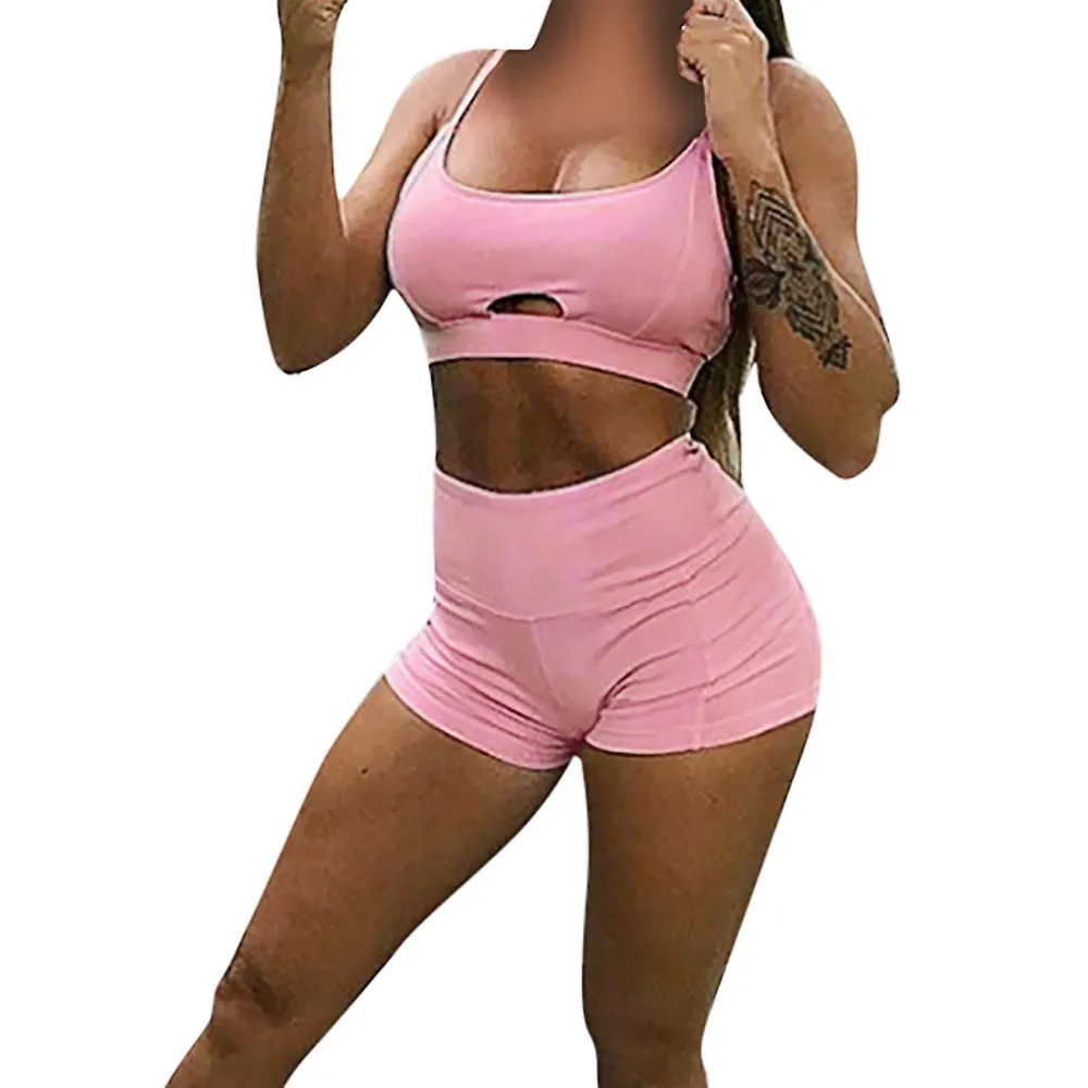 2019 New Style Fashion Women Sexy Patchwork Yoga set Suit Workout Sports String Vest Short Pants Athletic Sets Hot A30814 | Спорт и