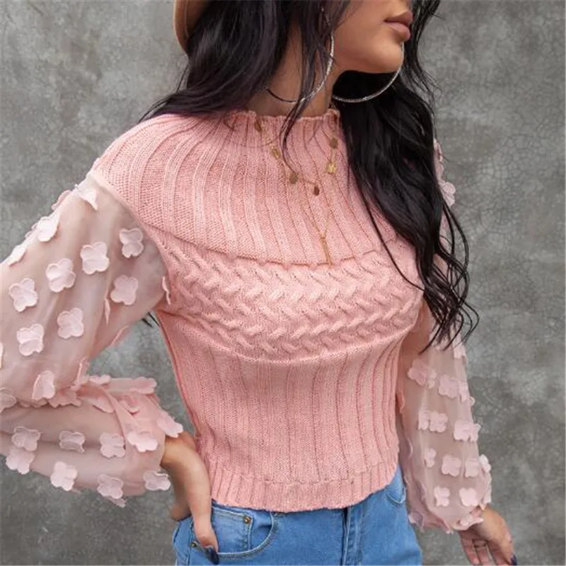 

Women Fall Winter Long Sleeve Sweater Round Neck Petal Puff Sleeve Slim Sweater Top Pullover Sweater Casual Top Women Streetwear