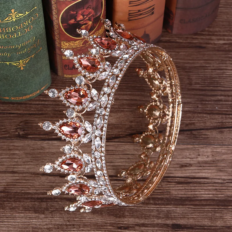 Luxury Round Queen Crowns Shinny Crystal Gold Bridal Tiara With Burgundy Rhinestones New Princess Marrige Accessory SQ0295 - Цвет: Champagne rhinestone