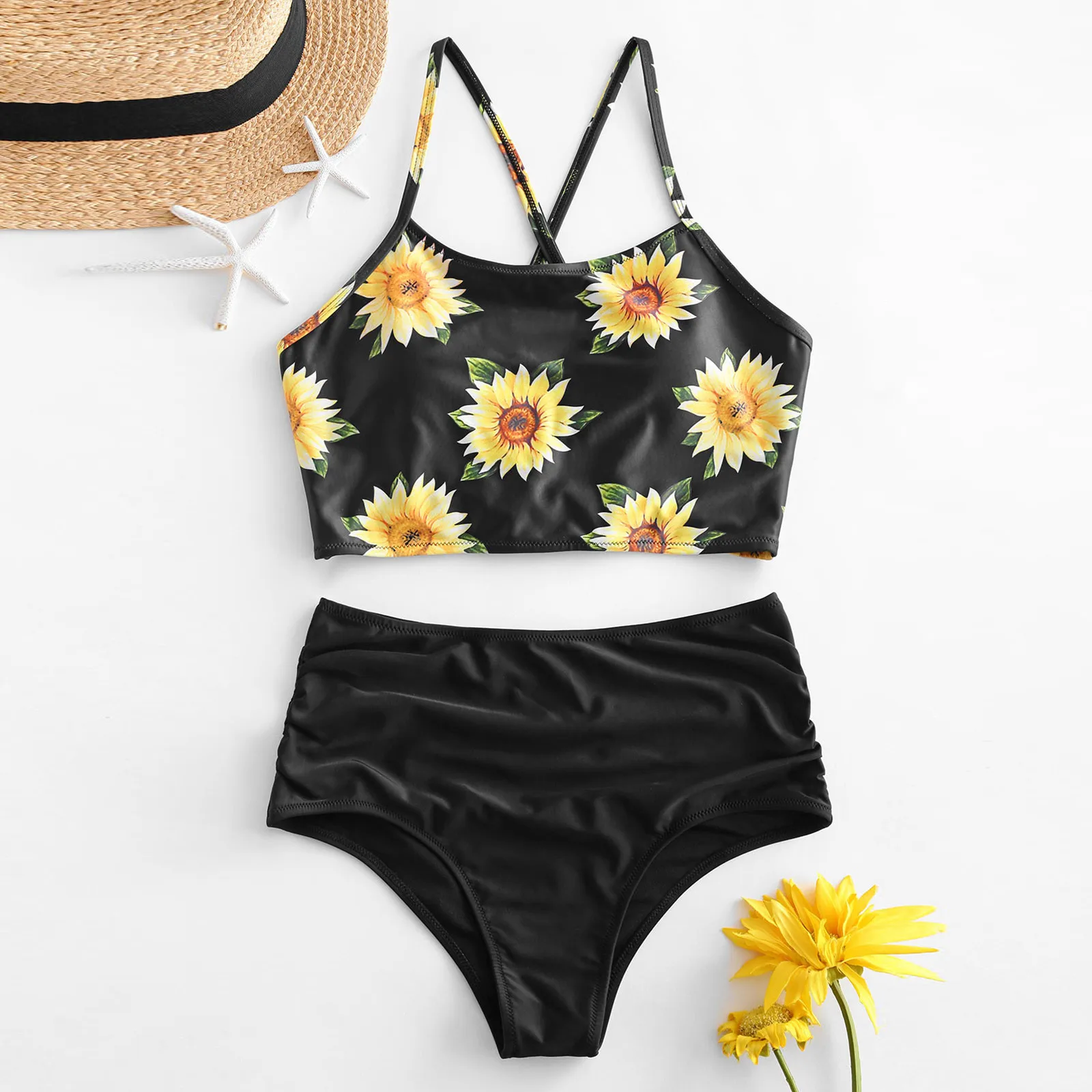 Купальник женский с высокой талией классический бандажный бикини однотонный