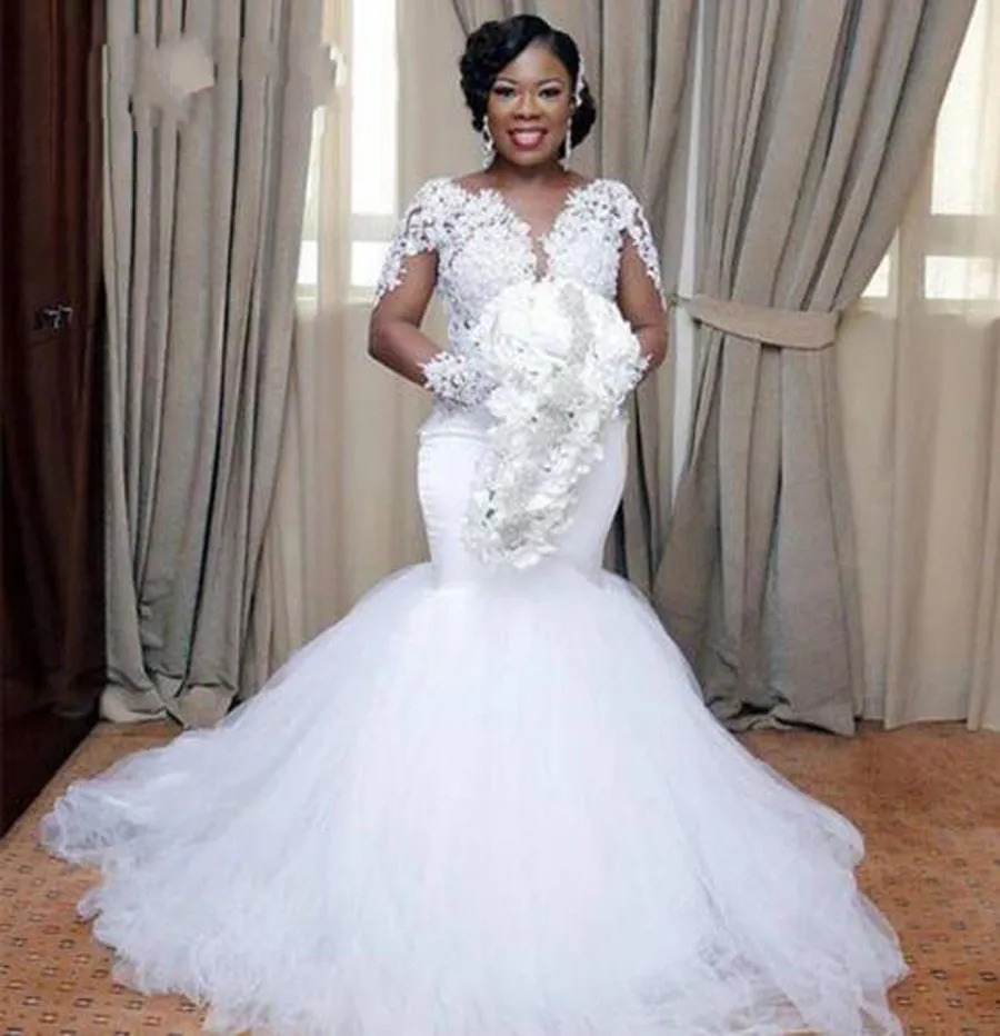 Женское свадебное платье с юбкой годе белое Тюлевое длинным рукавом и V-образным