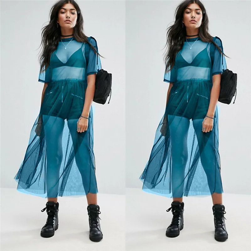 

New Women Sexy See-through Mesh Sheer Maxi Dress Apron Lace Tulle Long Summer Dress Ladies Solid Short Sleeve Cover Up Dress