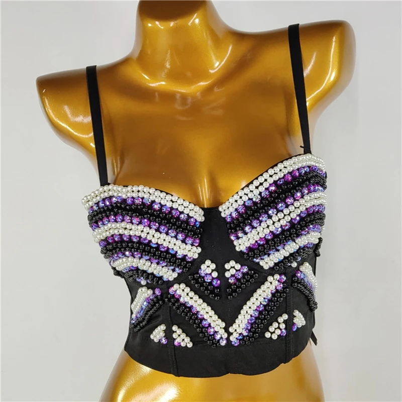 

Cupnaya Pearls Rainbow Women Sexy Crop Top Removable Spaghatti Strap Bustier Inner Tube Cami Short Corset Bralette Black BJ116