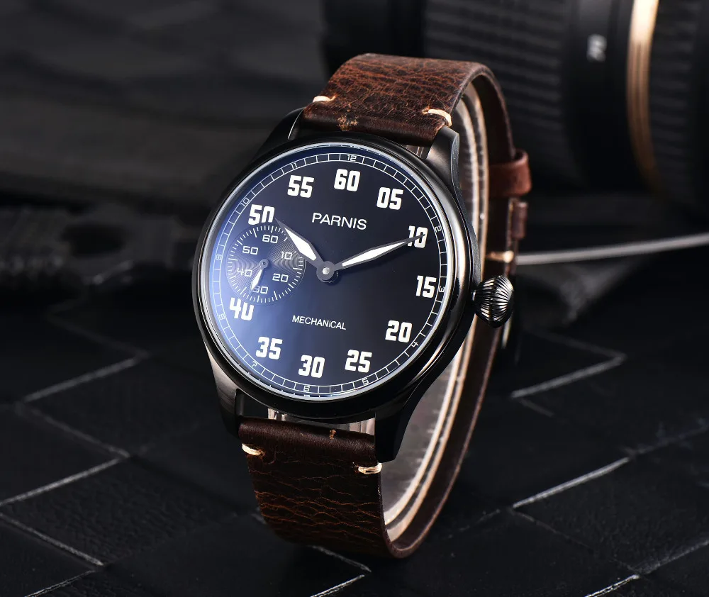 

PARNIS 44mm Hand Winding PVD Simple Men Wristwatch 6497 Movement Leather Strap