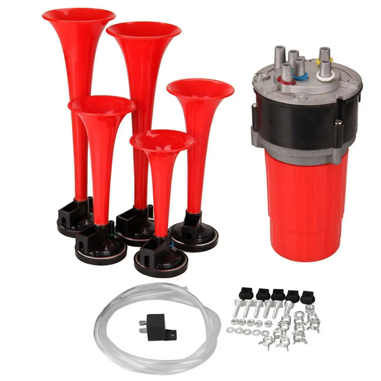 

Samger Universal Car Horn Speaker Air Horn 12V 5pcs Fanfare Horn Compressor 125DB Super Loud Air Hose for Truck Boat Motorcycle