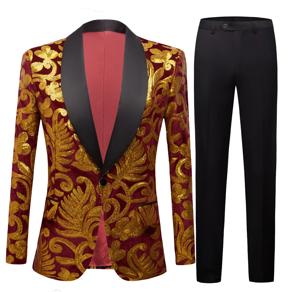 Sequins Velvet Series Mens Fashion Shawl Lapel Floral Sequins Royal wine red  Velvet Slim Fit Blazer Stage Singer Suit Jacket