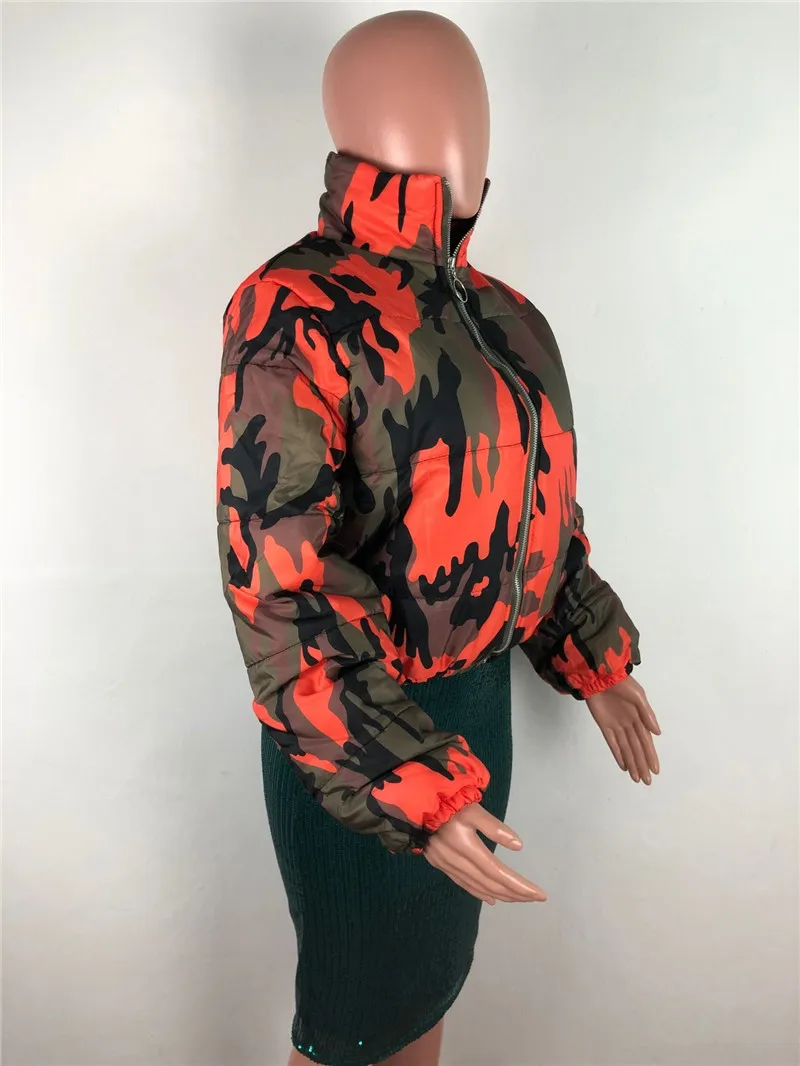 Fashion Autumn Winter Cotton Padded Coat Short Camo Jacket for Women Stand Collar Zip Long Sleeve Warm Outerwear Hot Sale 2021