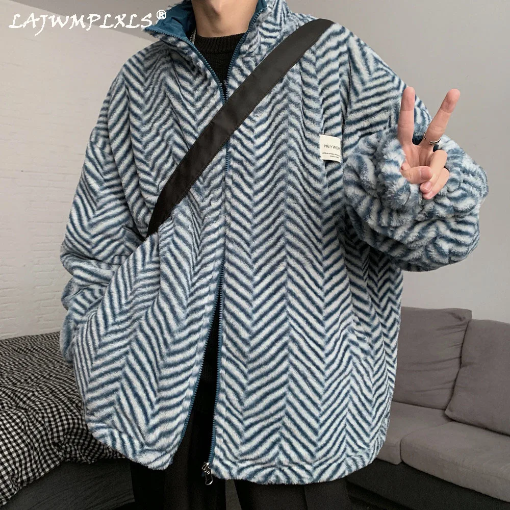

Winter Jacket Men Double-sided cotton-padded clothes Zebra stripes Zipper Stand-up collar Coat Street Outerwear Loose Male