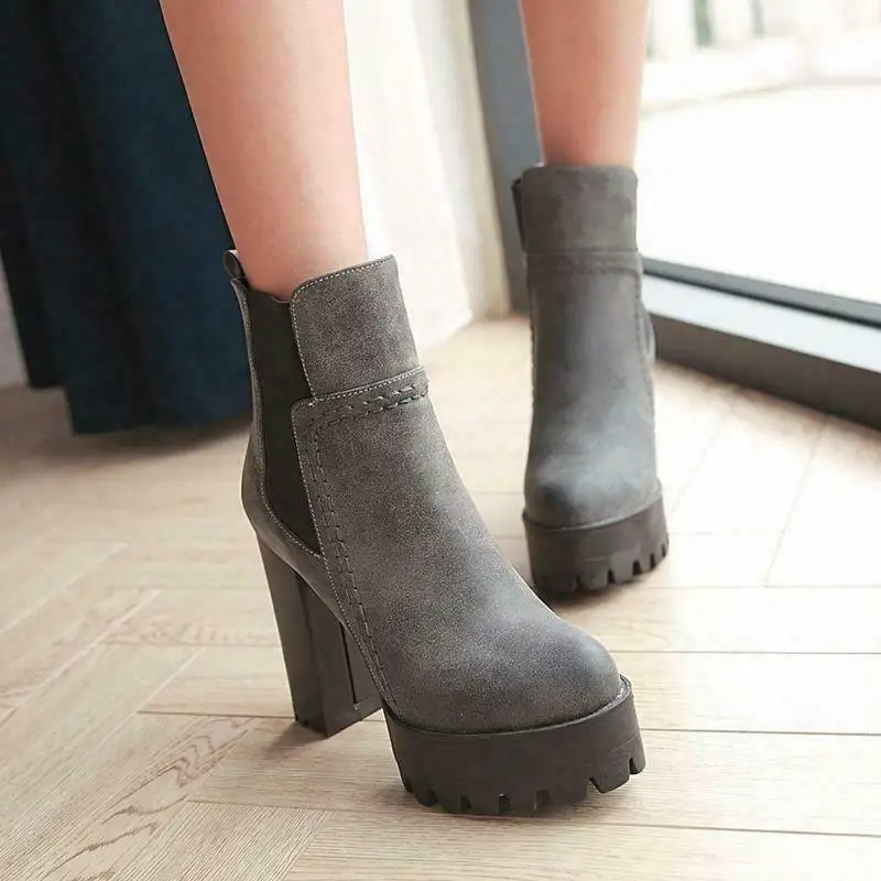 

Womens Elastic Platform High Block Heels ankle Boots pull on pumps Shoes