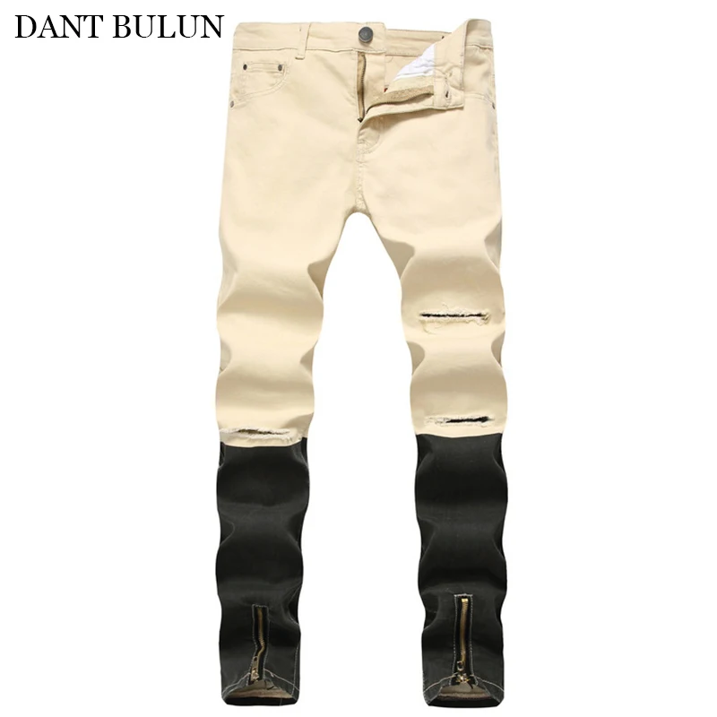 Streetwear Men's Jean Skinny Slim Fit Jeans Male Ripped Destroyed Holes Trousers Zipper Legs Pants White Khaki Blue For Men | Мужская