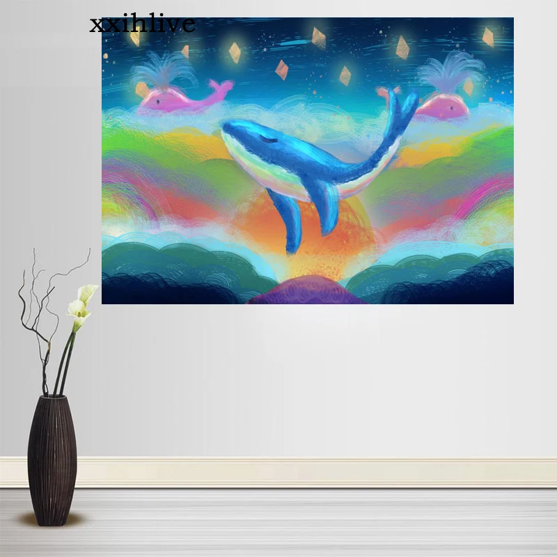 

Art Whale Illustration Cloth Silk Canvas HD Poster Home And Bedroom Decoration Wall Fabric Poster Custom Print More Size