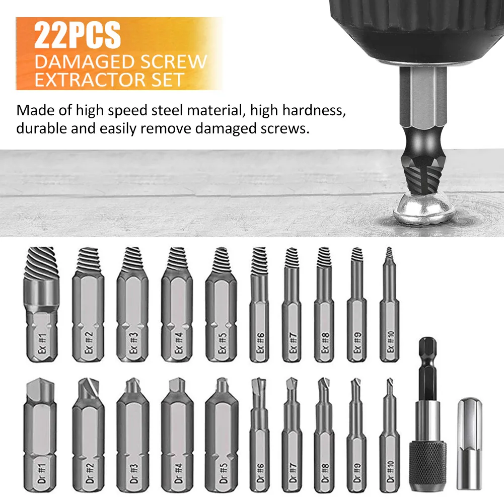 

22pcs Replacement Parts Portable Damaged Screw Extractor Set Home Stripped Stud All Purpose High Speed Steel For Broken Bolt DIY