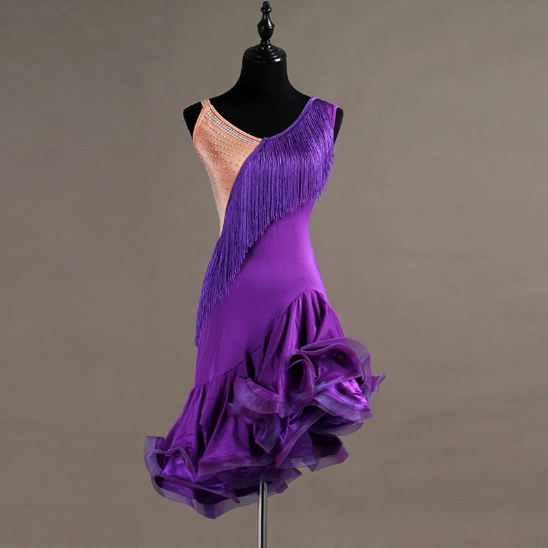 Женское платье для латиноамериканских танцев голубое или красное с кисточками