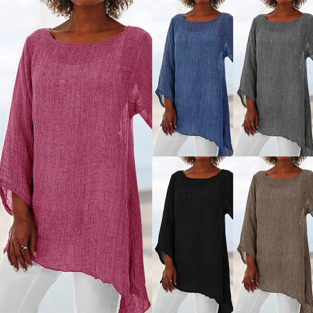 

Plus Size Women Solid Color Linen O-Neck Long Sleeve Irregular Tunic Top T-Shirt