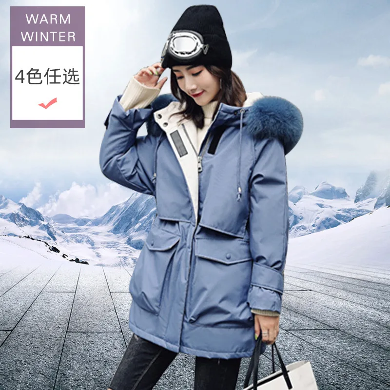 

women down coats 2019 autumn winter top brands blue hooded fur Collar long warm thicken Jackets Female Wear Parkas Plus Size