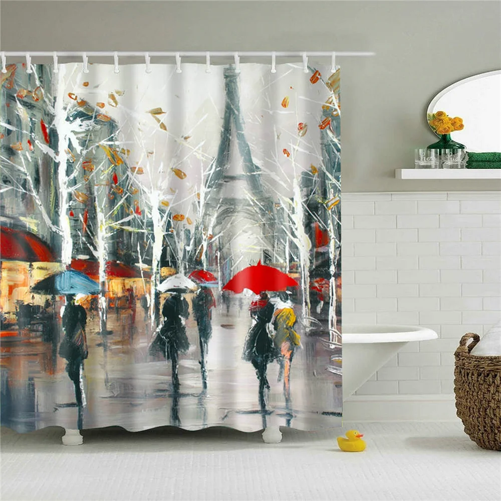 

Французская дождливая уличная картина маслом, занавеска для душа, Парижская башня, зонт, декор для ванной комнаты, водонепроницаемые тканев...