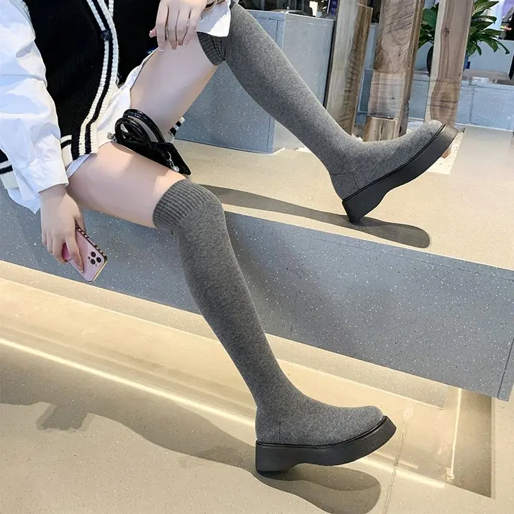 

Women's Over The Knee Sock Boots Knitting Sock Boots Pointed Toe Elastic Slim Female thigh high boots flat botas de mujer shoes