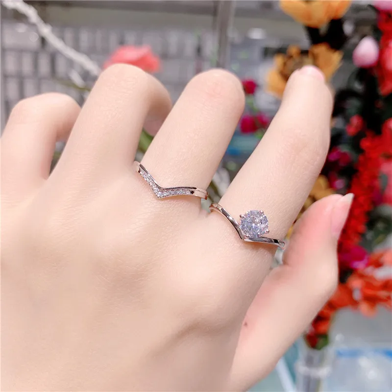 

HI MAN 925 Sterling Silver 2Pcs/Set Korean V-Shaped Crown Zircon Opening Detachable Ring Women Romantic Anniversary Gift Jewelry