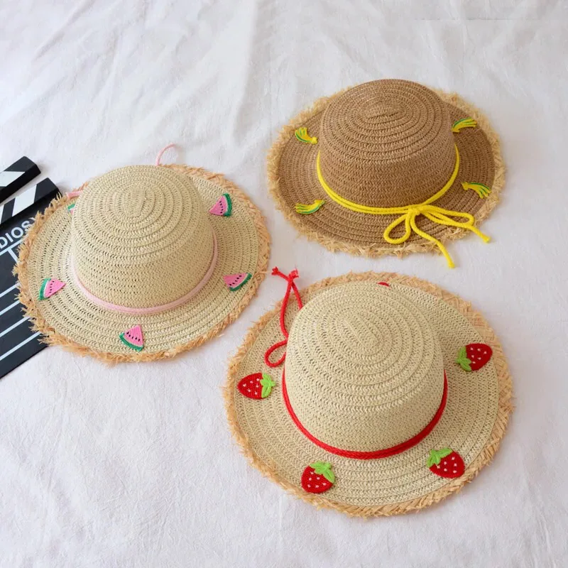 

2021 New Strawberry/Peach/Grape/Banana Children Summer Straw Hat Sun Hats For Kids Girls Boys Beach Cap Panama Hat Bonnet